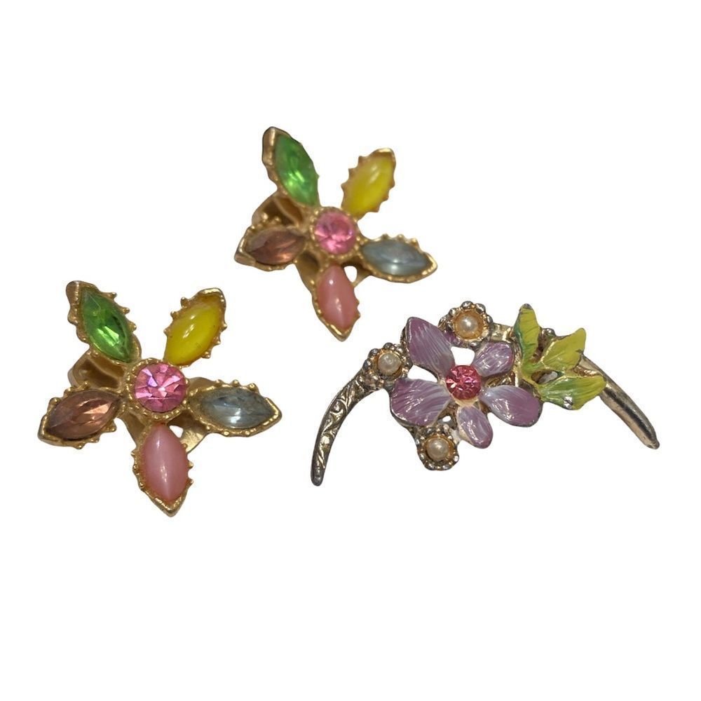 Vintage Multi Color Flower Rhinestone Earrings And Brooch - Picture 15 of 16
